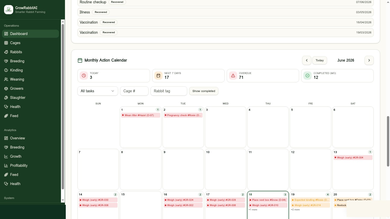 GrowRabbitAI monthly action calendar with color-coded tasks per day