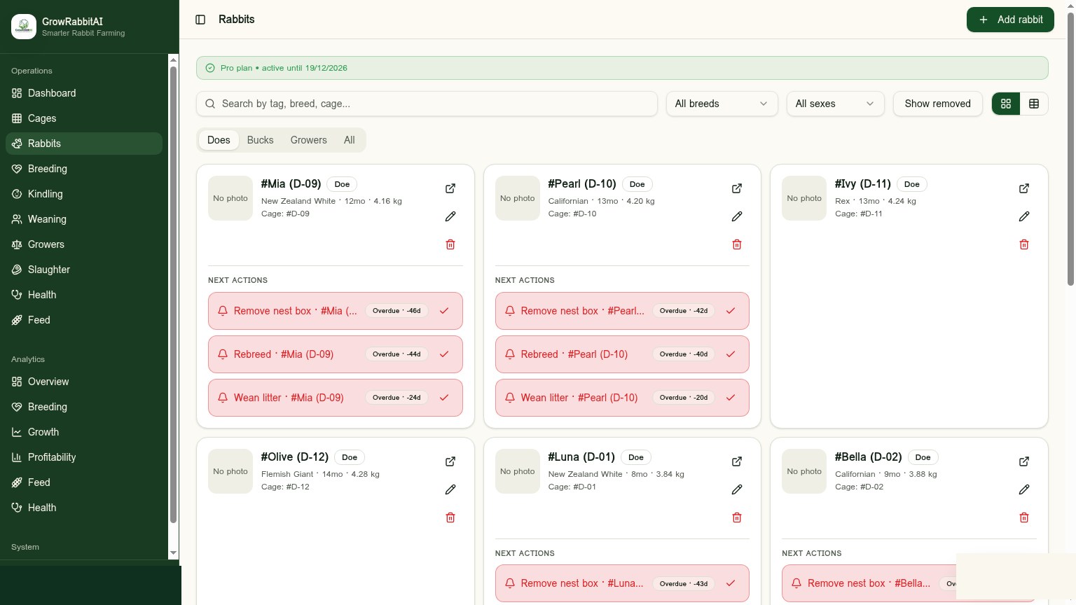 GrowRabbitAI rabbit registry showing real doe profiles with next actions